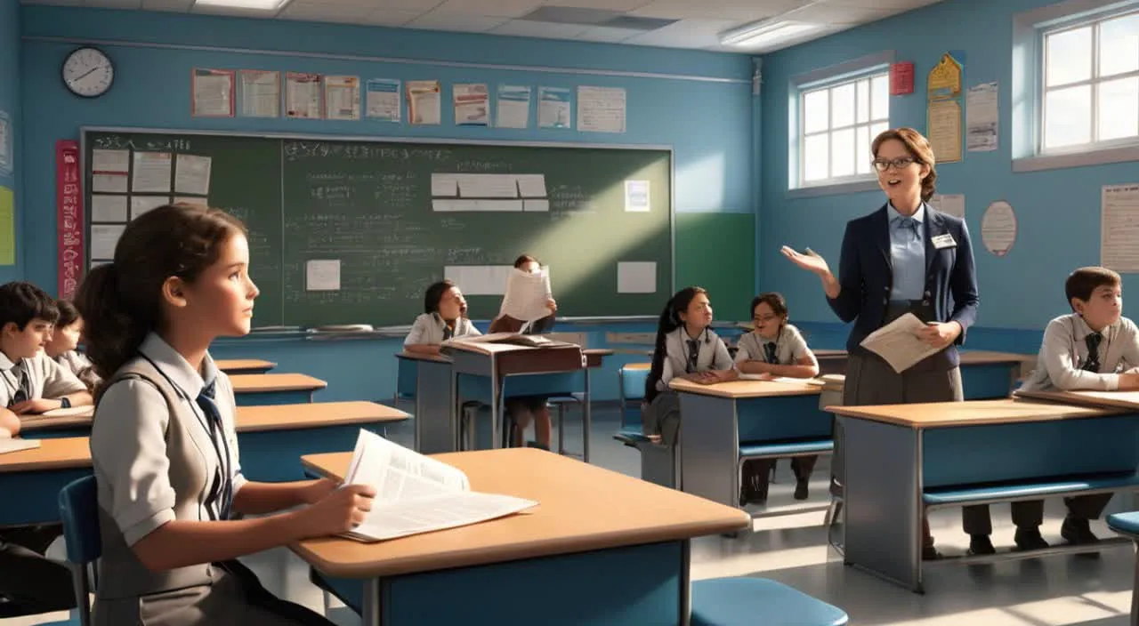 a woman standing in front of a classroom full of students