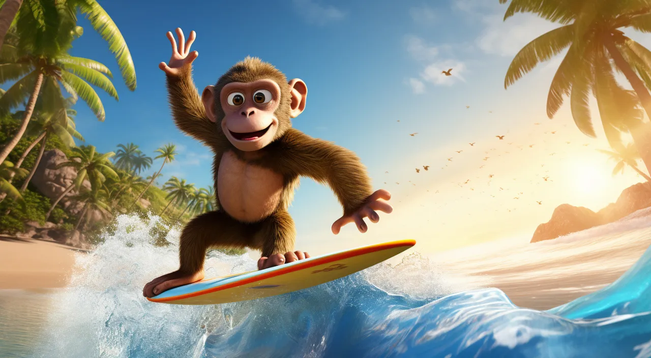 a monkey riding a surfboard on a wave in the ocean