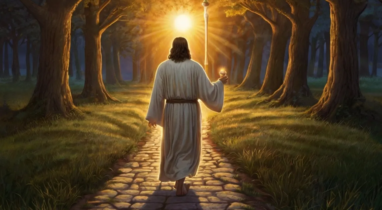 a painting of jesus walking through a forest