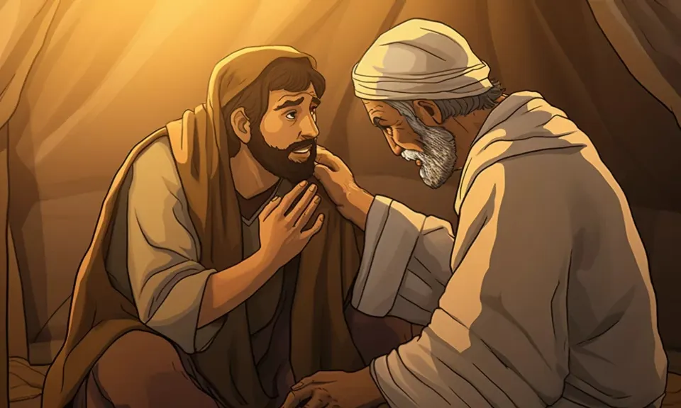 a man kneeling down next to a man with a beard