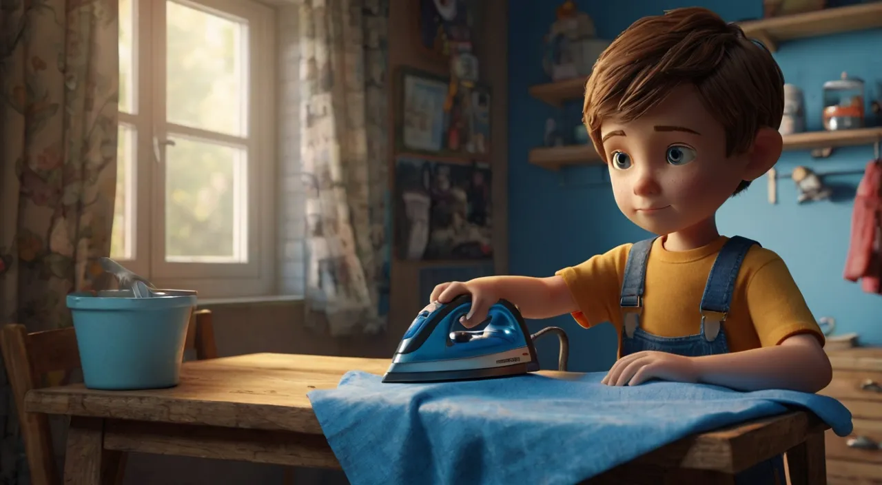 a young boy ironing clothes on a table