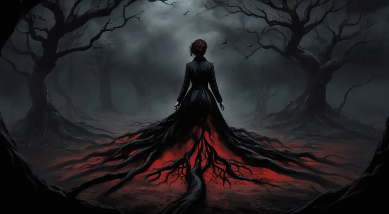 a woman standing in the middle of a dark forest