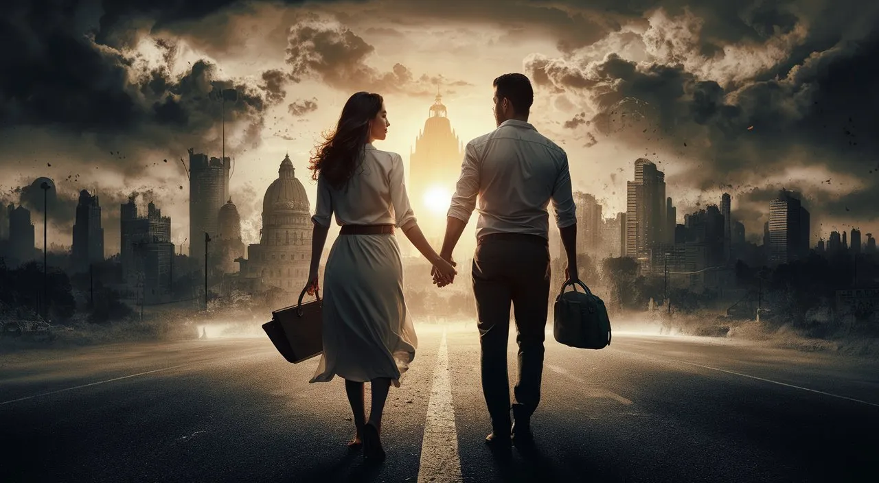 a man and a woman walking down a street holding hands