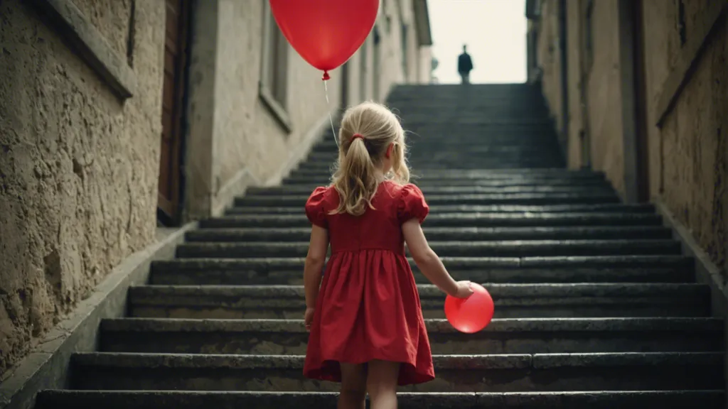 a little girl in a red dress walking upstairs holding a red balloon