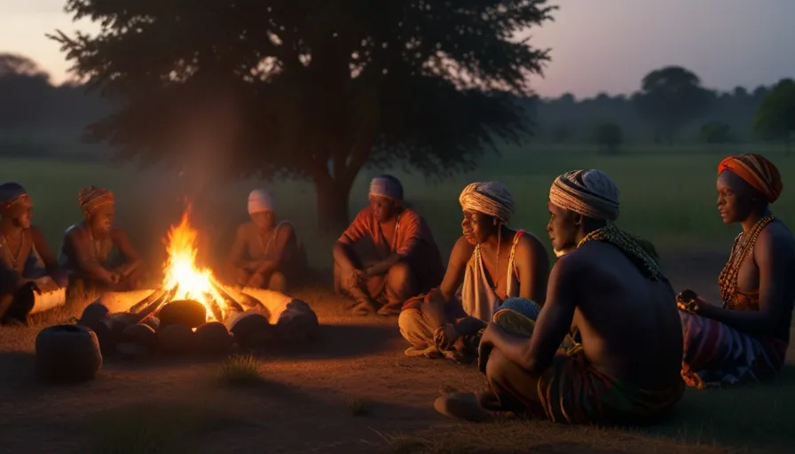 a group of people sitting around a fire