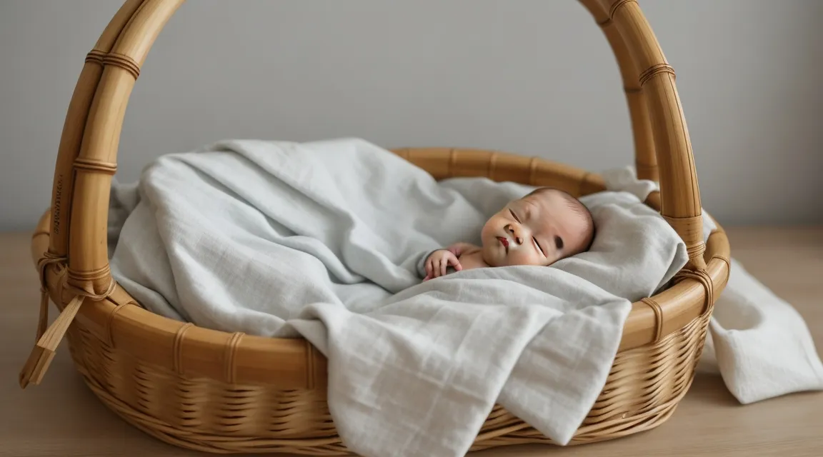 a baby wrapped in a blanket in a basket, smiling