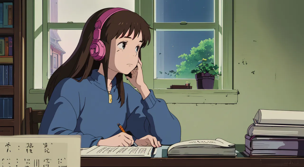 a woman sitting at a desk with headphones on