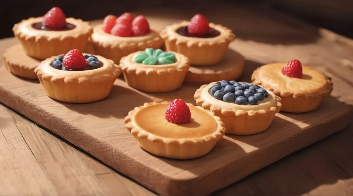 a wooden tray topped with mini pies covered in fruit