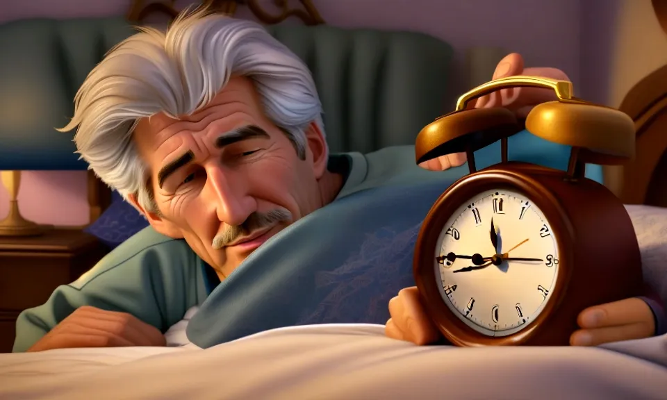 a man laying in bed next to an alarm clock