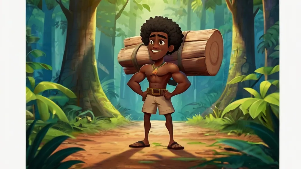 a man carrying a large log in a forest, 3d animation