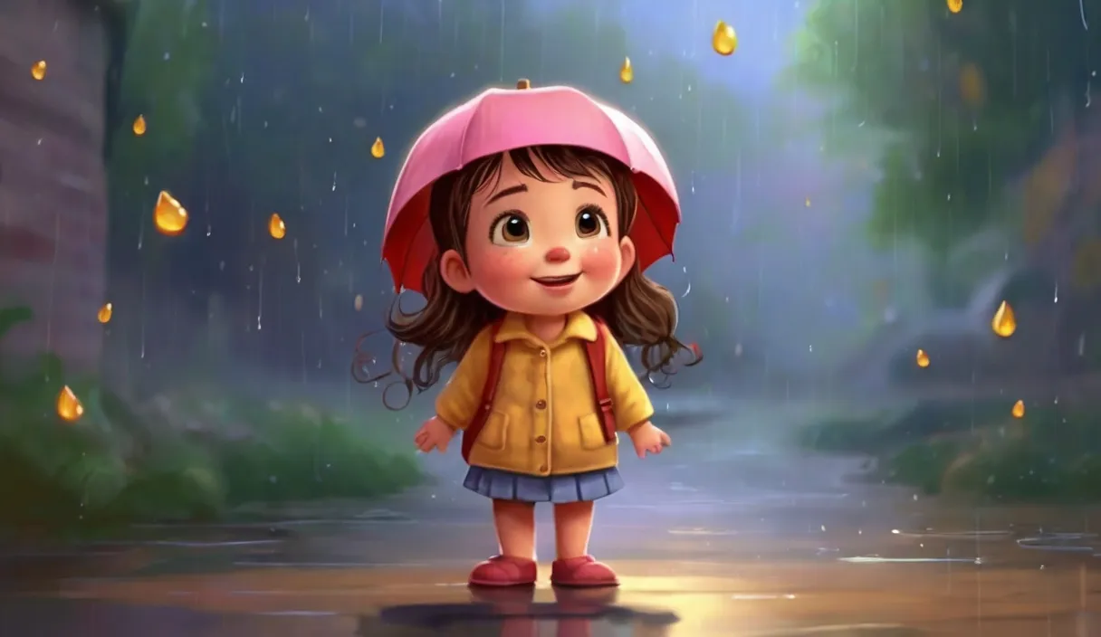 a little girl standing in the rain with an umbrella.CARTOON