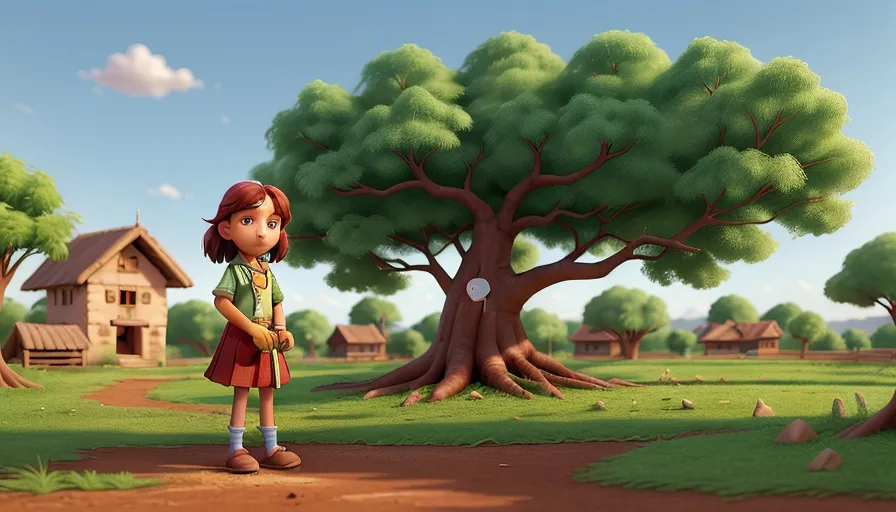 a young girl standing in front of a tree