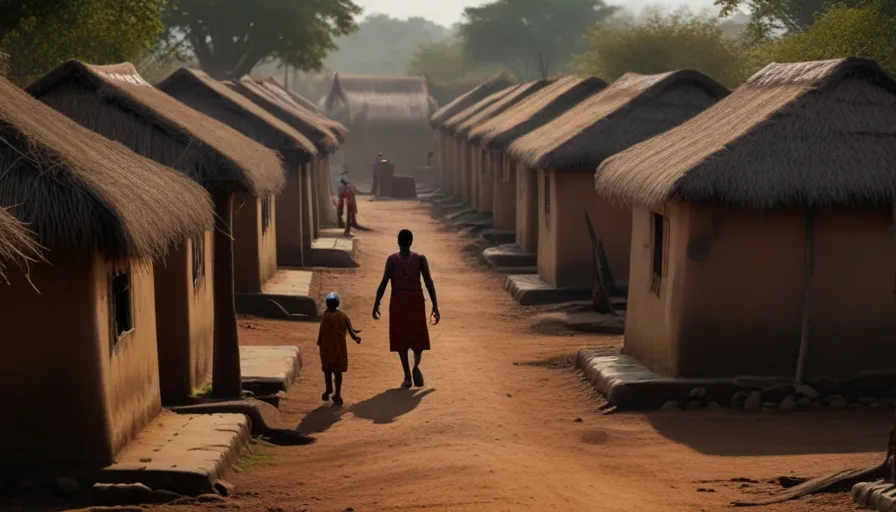 a woman and child walking down a dirt road