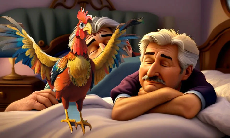 animated film facial expression Richard Gere smile comfort happy man lying in bed next to rooster art Walt Disney style animation