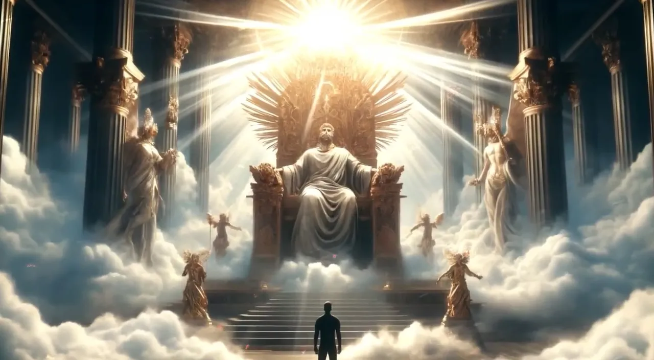 a man standing in front of a throne surrounded by clouds