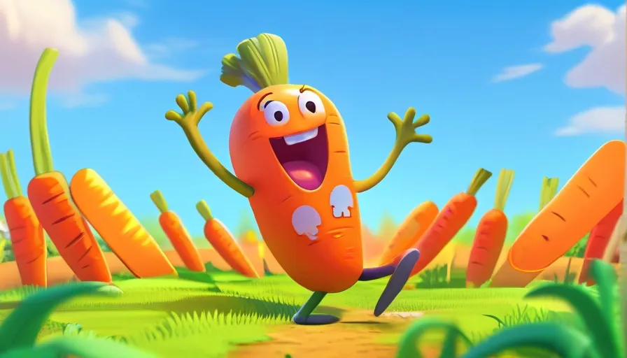 a cartoon carrot running through a field of carrots