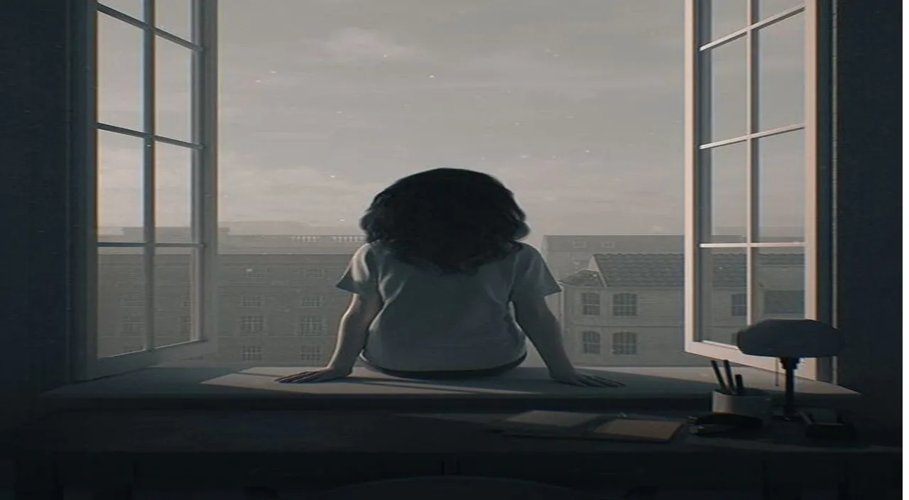 a woman sitting on a window sill looking out the window