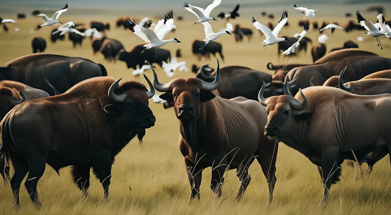 a herd of cattle standing on top of a grass covered field, a few white cranes flying about