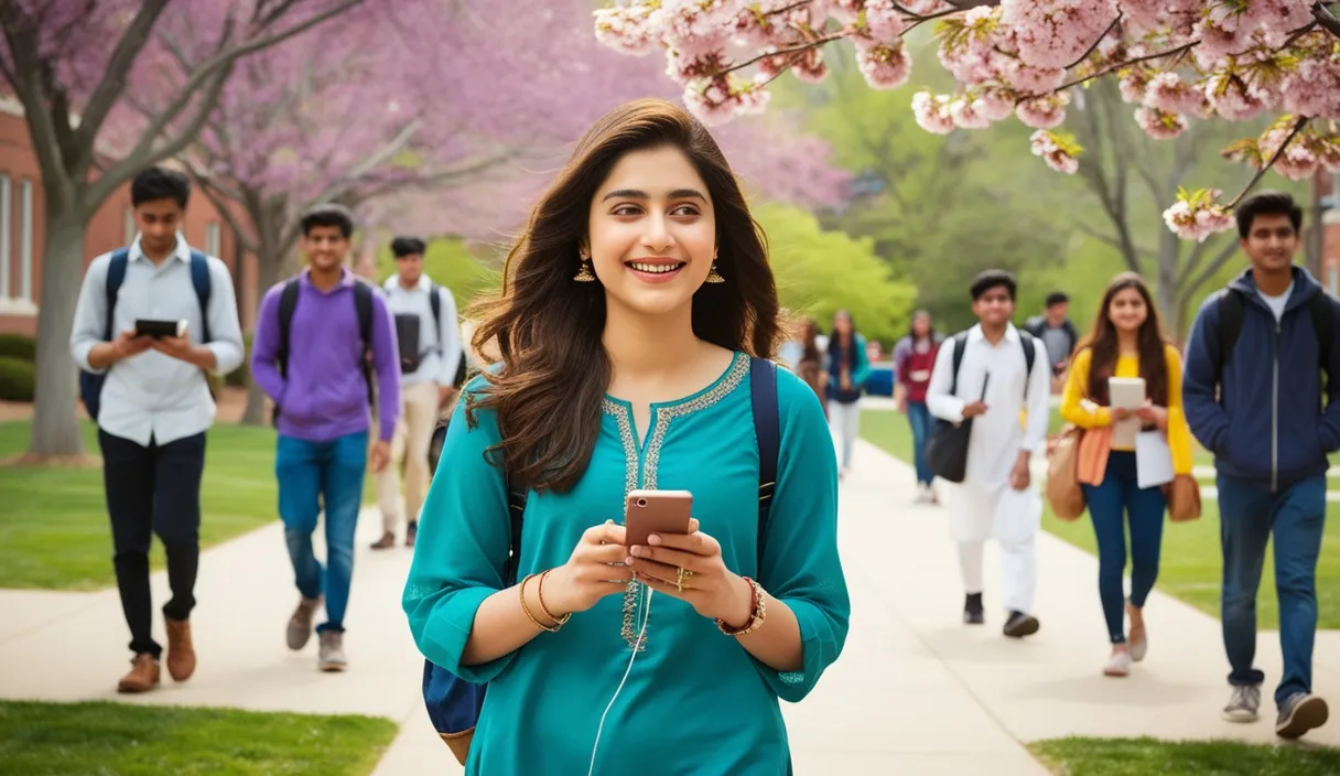 Campus Serenade: On a university campus, a Pakistani girl walking under a blossoming tree, a Bollywood song softly playing from her phone. The 4K wide shot captures students walking by and studying, but her smile and dreamy gaze reveal she is thinking about her boyfriend, who is attending a university in the United States, lost in her own romantic world.