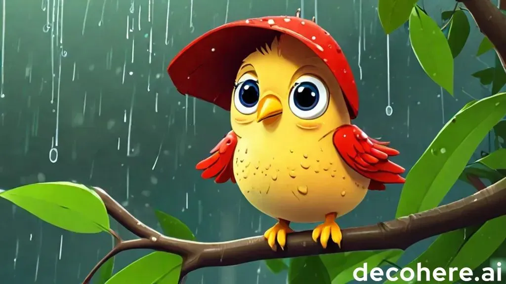 a yellow bird wearing a red hat sitting on a tree branch