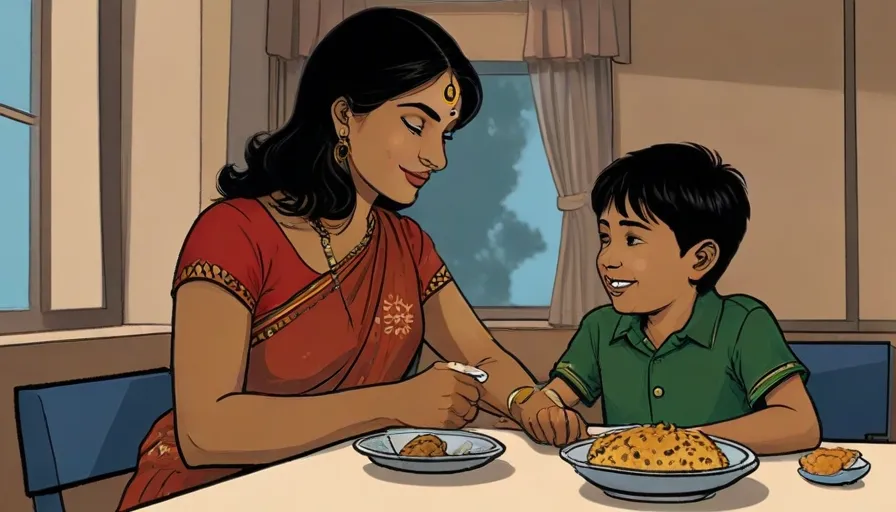 a woman and a boy sitting at a table with plates of food