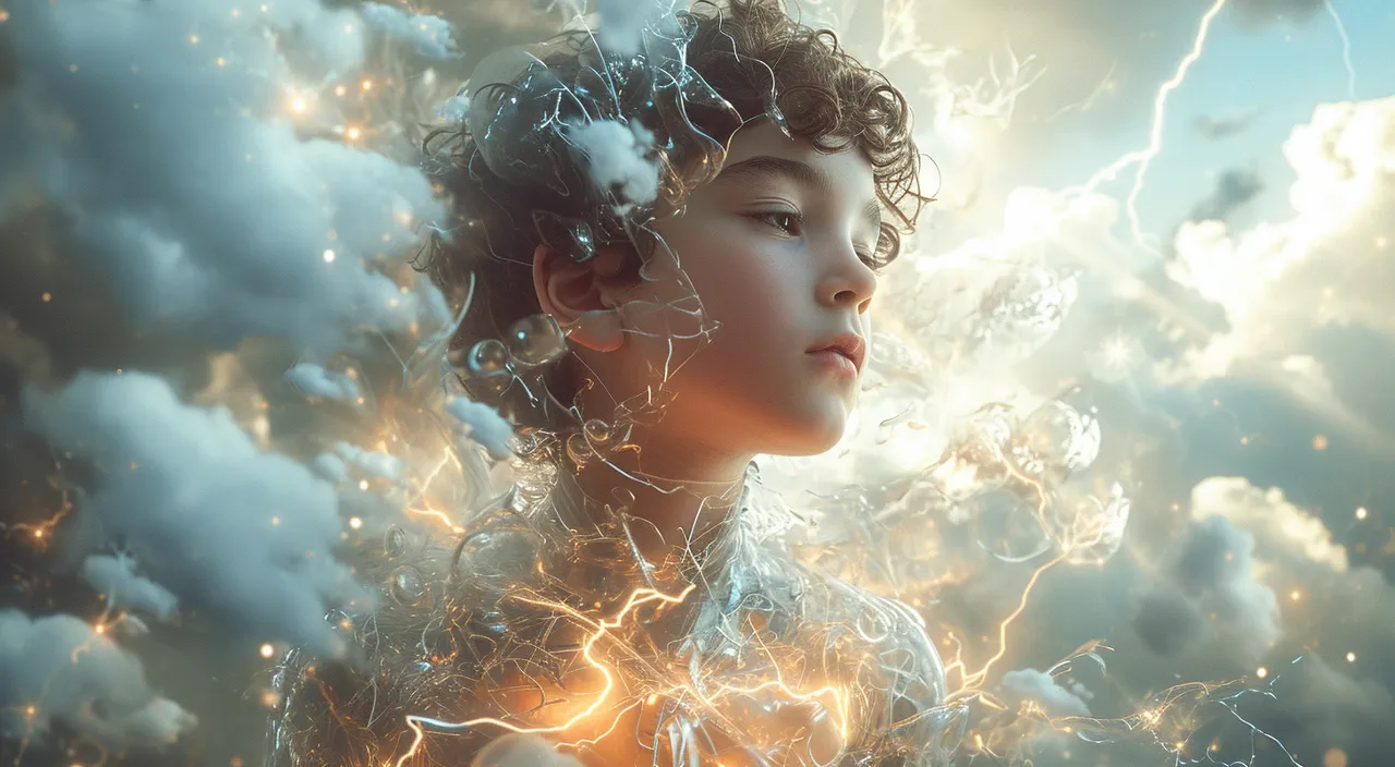 a 14 year old boy with her head in the air surrounded by clouds and electic lightning