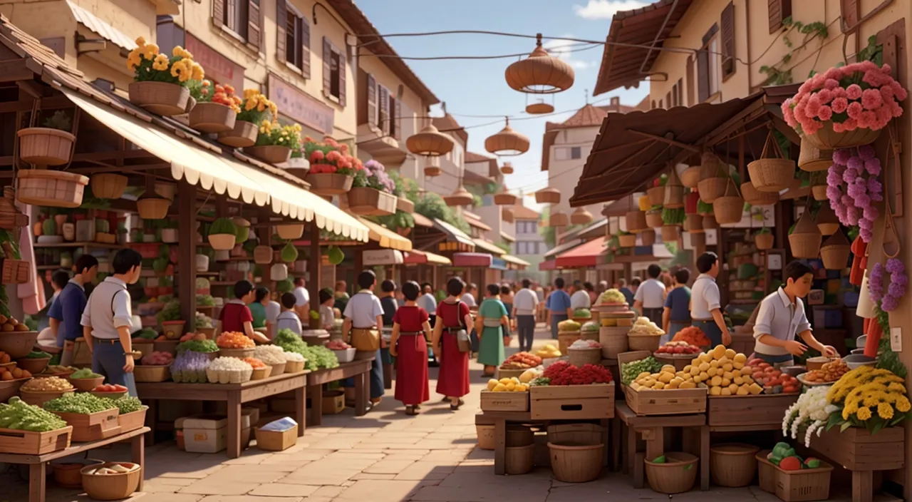 A colorful street market selling an array of natural foods under a bright blue sky