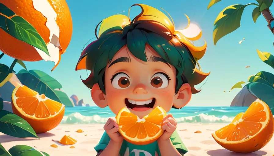 a cartoon boy holding up a slice of orange