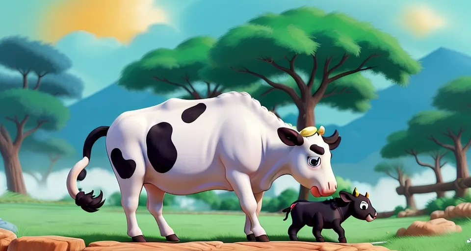 a cow and a newborn calf standing in a field