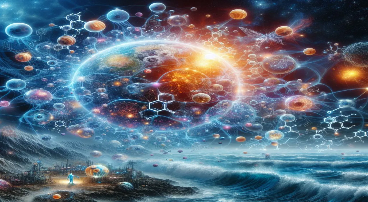 a painting of bubbles floating over a body of water