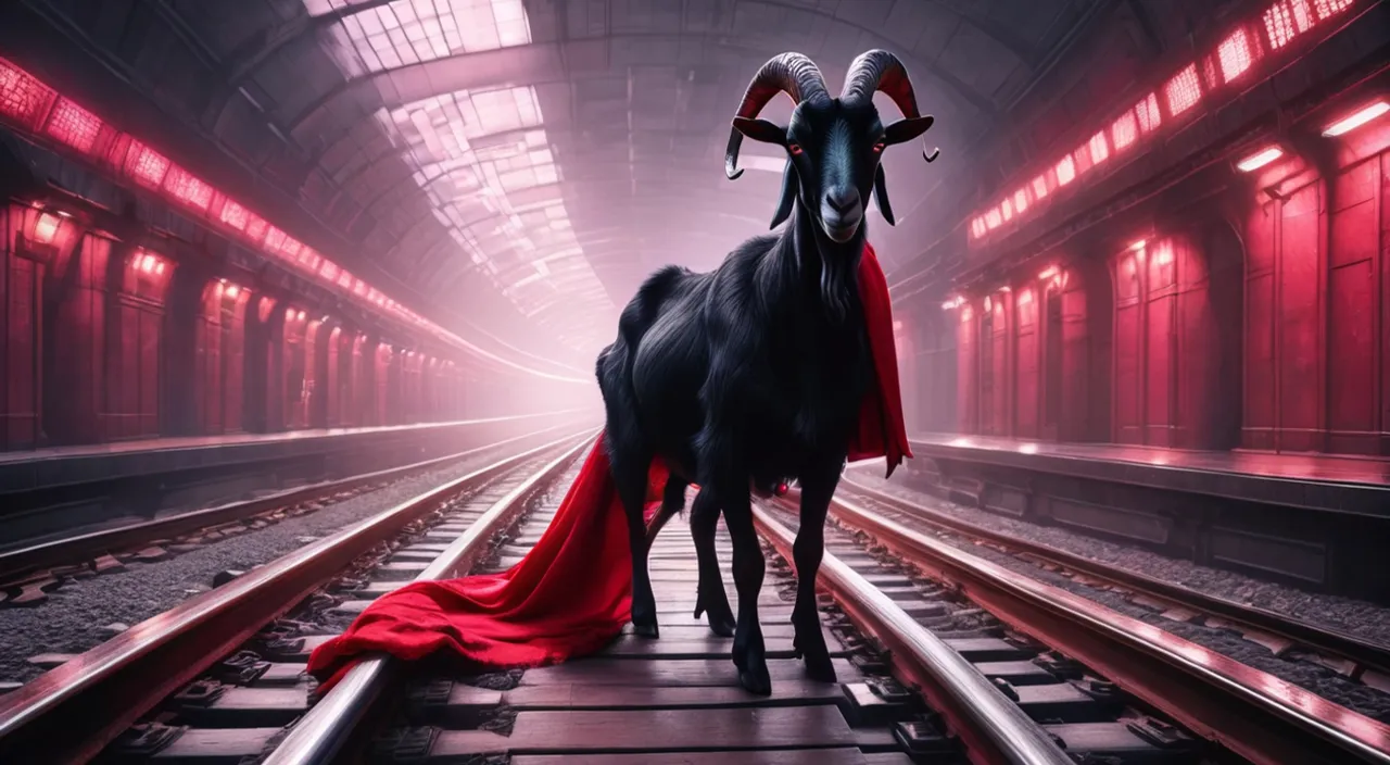 a black goat with horns and a red cloth on mouth is standing on a train track