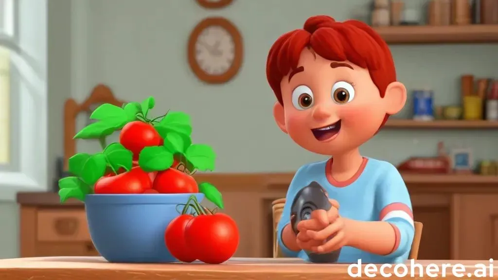 a young boy holding a knife next to a bowl of tomatoes