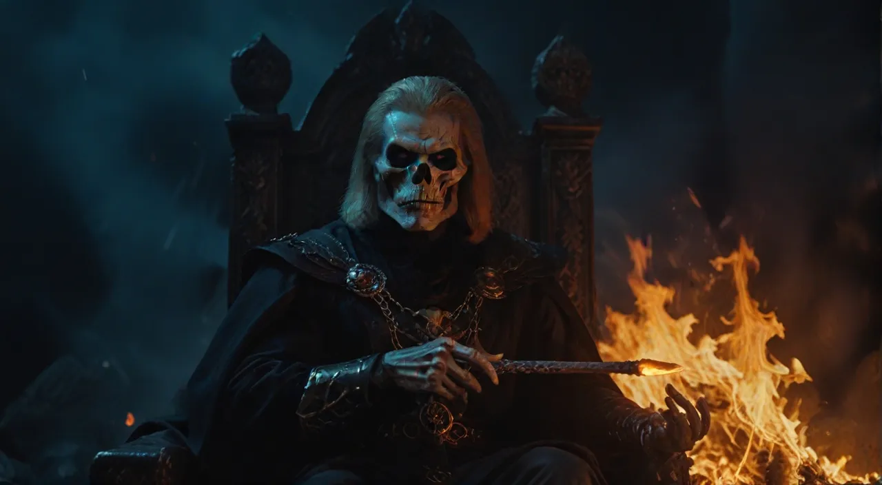 A futuristic skeleton sitting on a sleek, modern throne, with a glowing firepit below and a starry galaxy in the background, a skeleton sitting in a chair in front of a fire