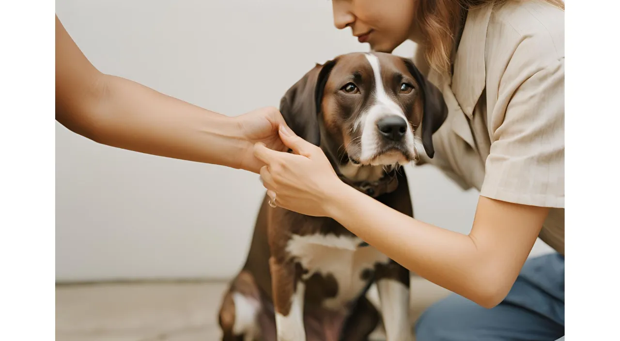 a woman petting a brown and white dog