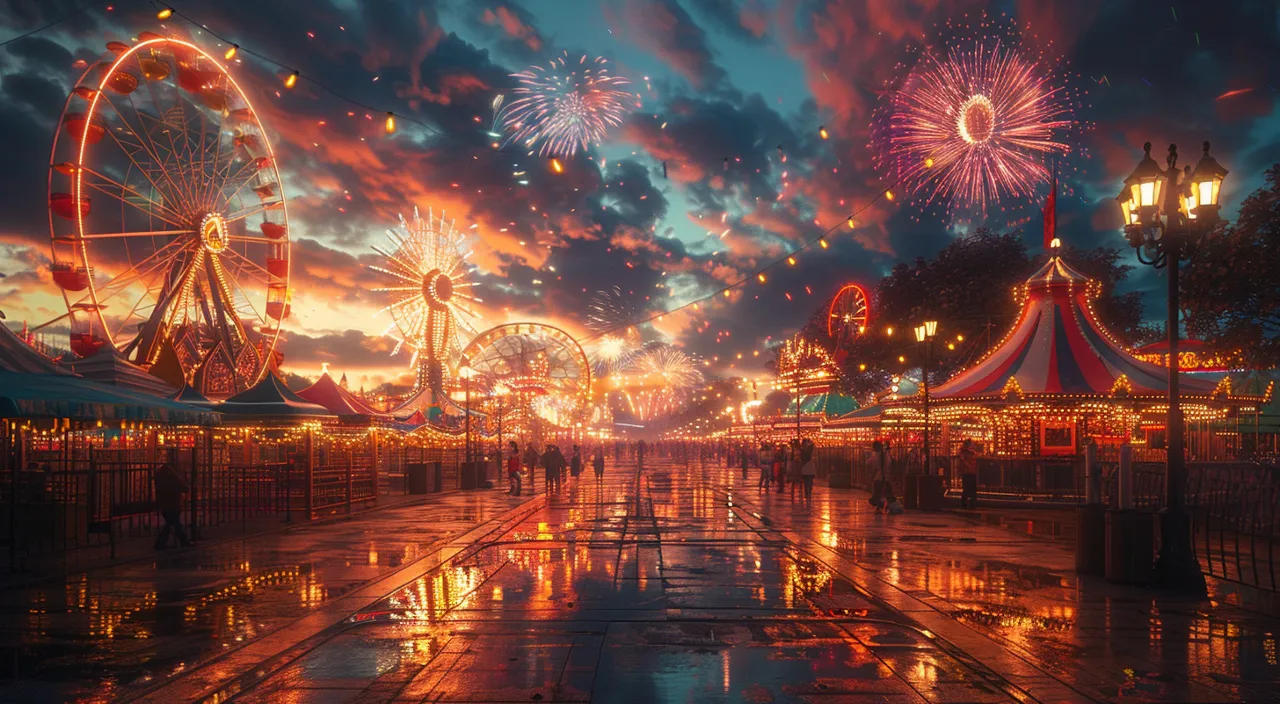 a carnival at night with fireworks and rides