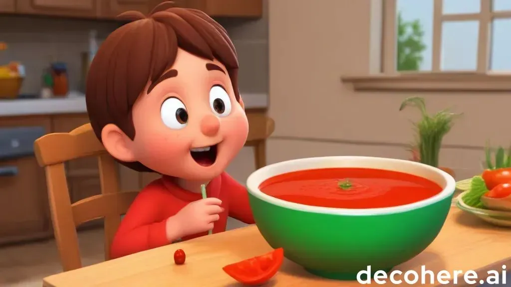 a cartoon boy eating a bowl of tomato soup