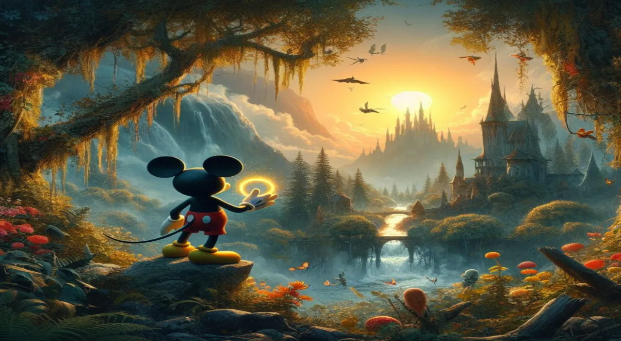 a painting of a mickey mouse in a forest