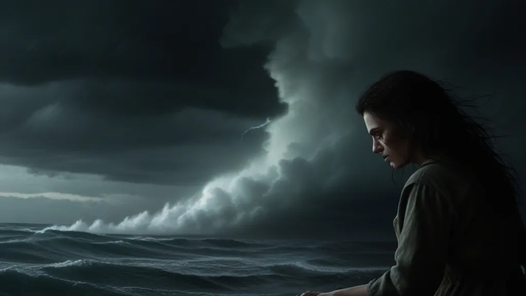 a woman standing in front of a storm in the ocean