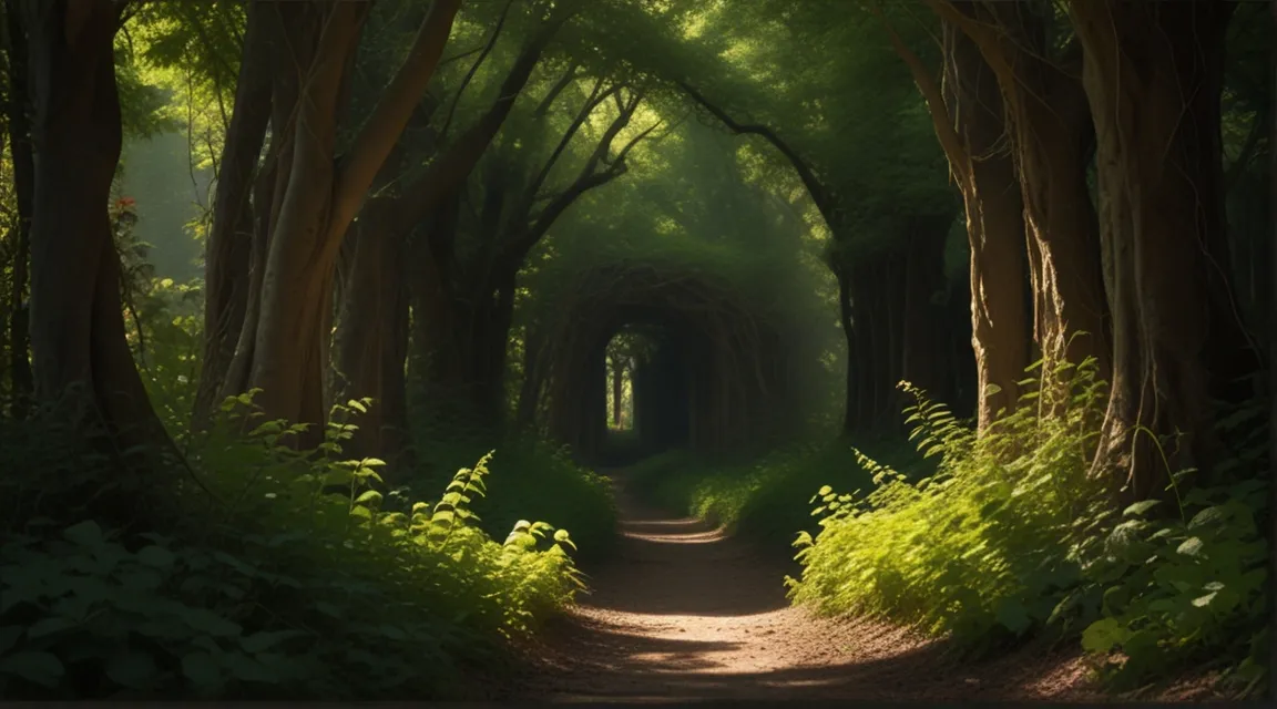 a tunnel of trees in the middle of a forest