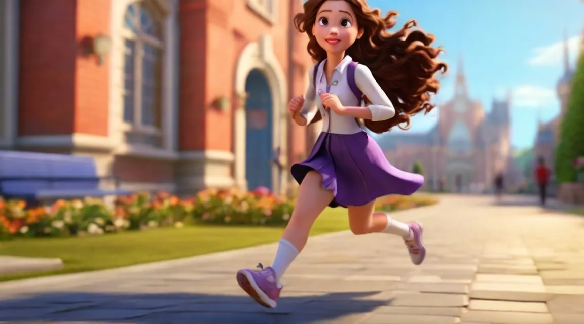 a girl running down a sidewalk in a cartoon