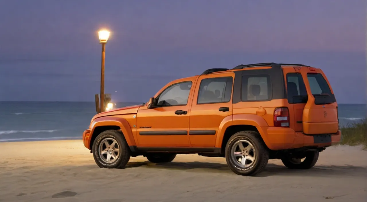 an orange jeep parked on the beach at night