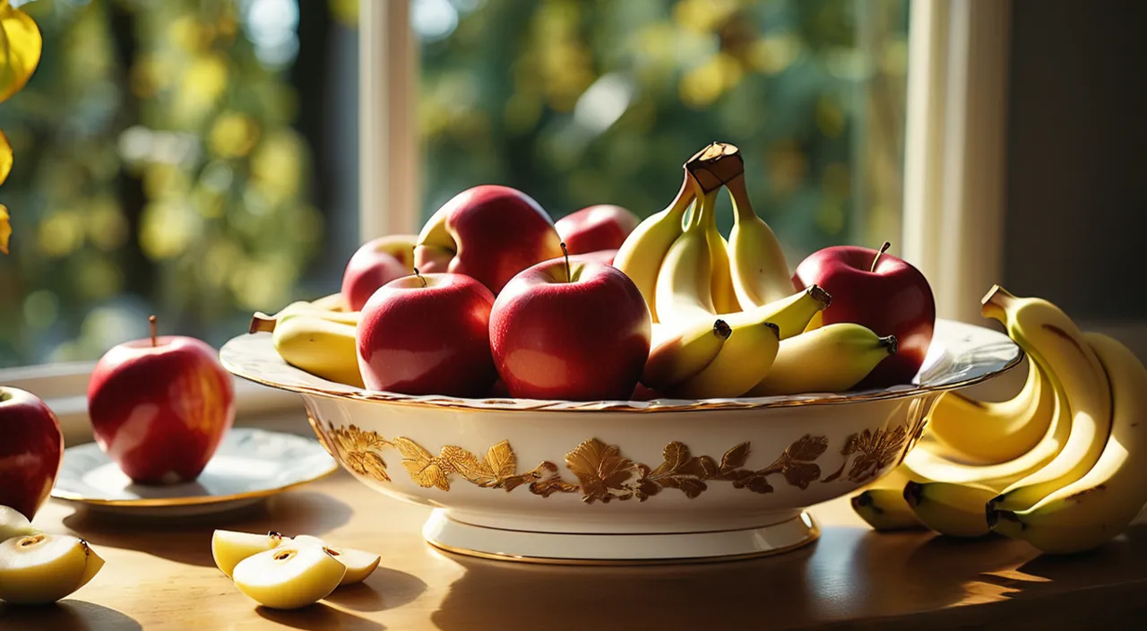 a bowl of apples and bananas on a table