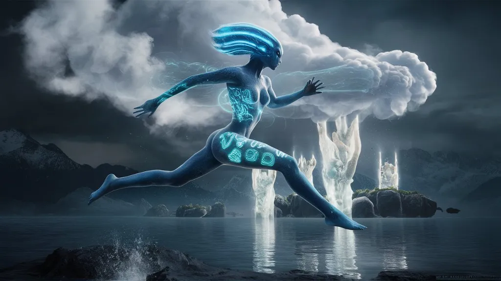 In this stunning cinematic blockbuster sci-fi fantasy scene, a blue alien entity with holographic ancient alien symbols projected onto her skin leaps effortlessly into the floating cloud of consciousness. The background reveals heavenly creations emerging from the majestic, mystical waters of the lake of cosmic knowledge, set on floating islands. The image is rendered with the highest level of photorealistic intricate details, creating an immersive experience that transports viewers into a world of dark fantasy and otherworldly wonder.