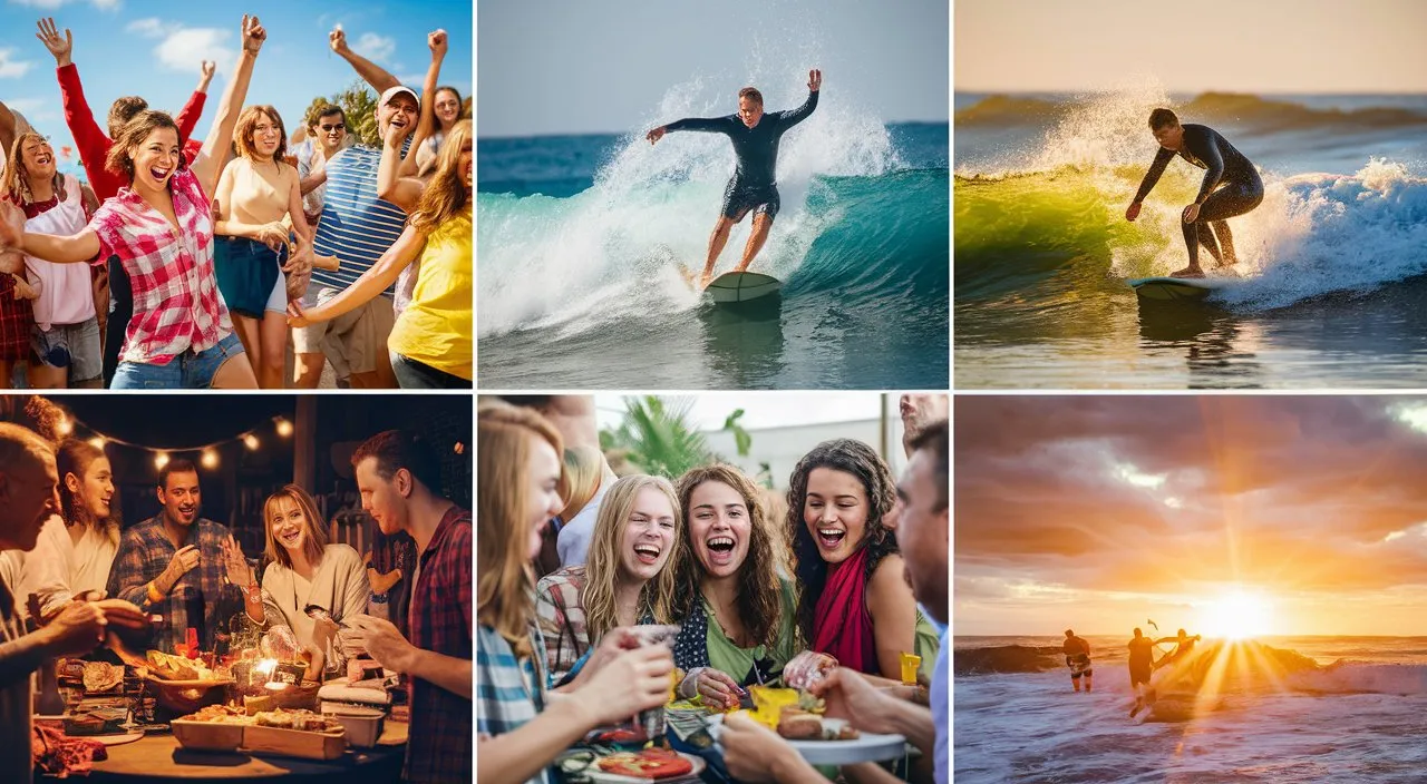 a collage of photos of people having fun at the beach