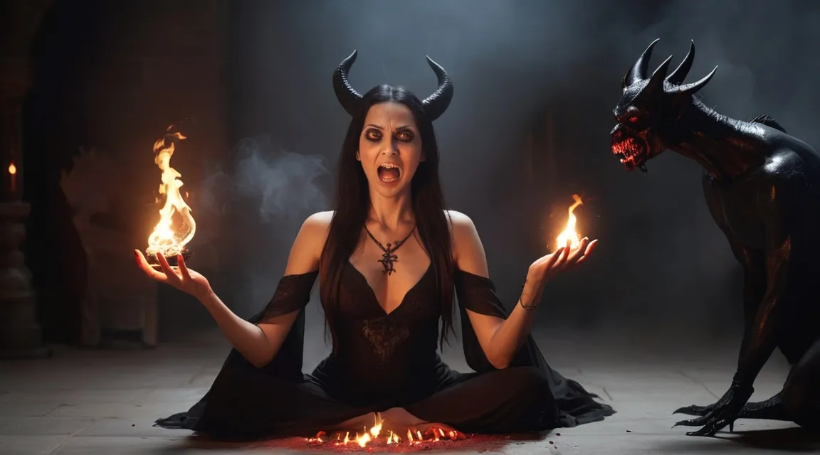 a woman sitting on the floor with two demon statues behind her