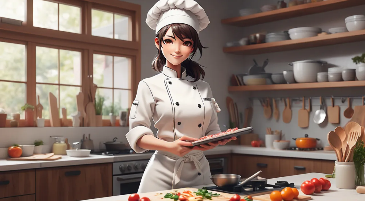 a woman in a chef's outfit holding a tablet in a kitchen, smiling and welcoming viewers to cooking class