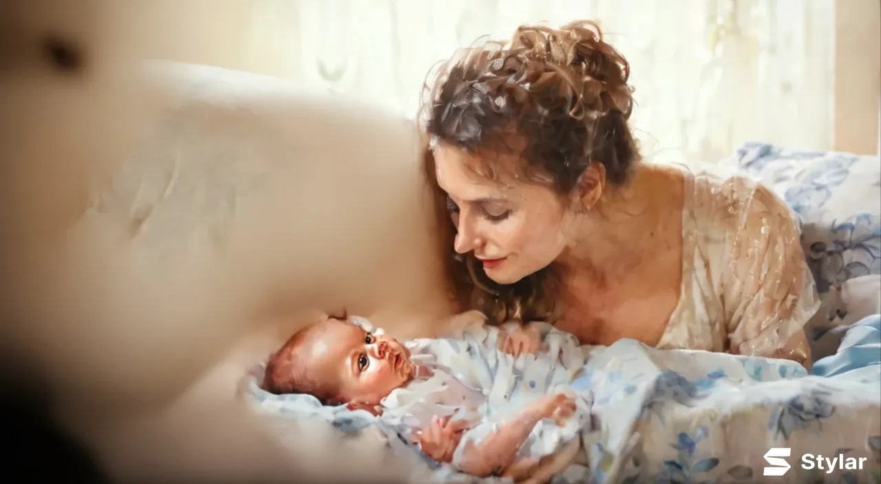 a young mother in a closed robe, she leans over the crib in which lies a blue-eyed newborn baby. Watercolor drawing style.