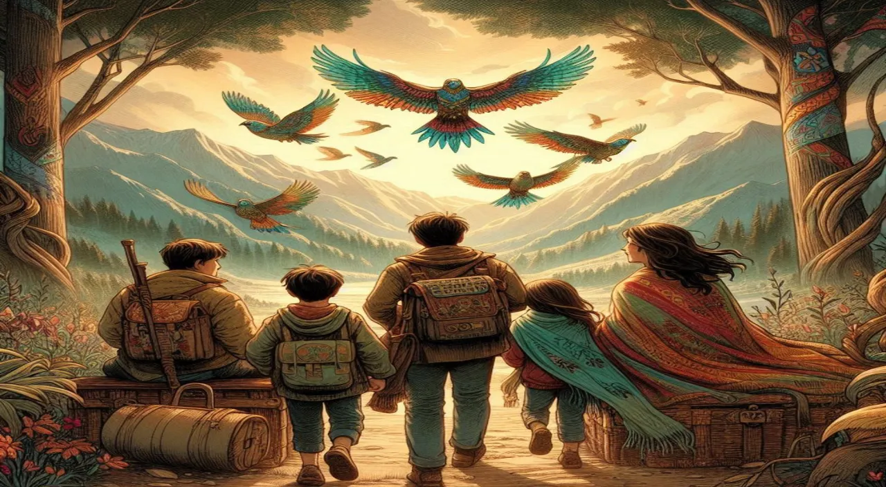 a painting of a family watching a bird fly overhead