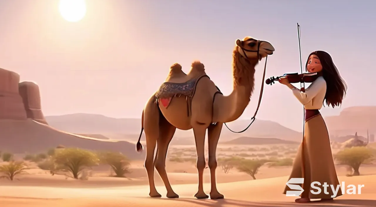 A young and beautiful girl with long hair, the girl smiles and plays the violin in a desert oasis, with a cute camel next to the girl