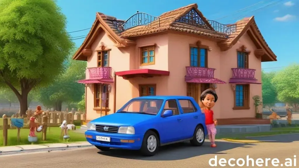 a blue car parked in front of a pink house